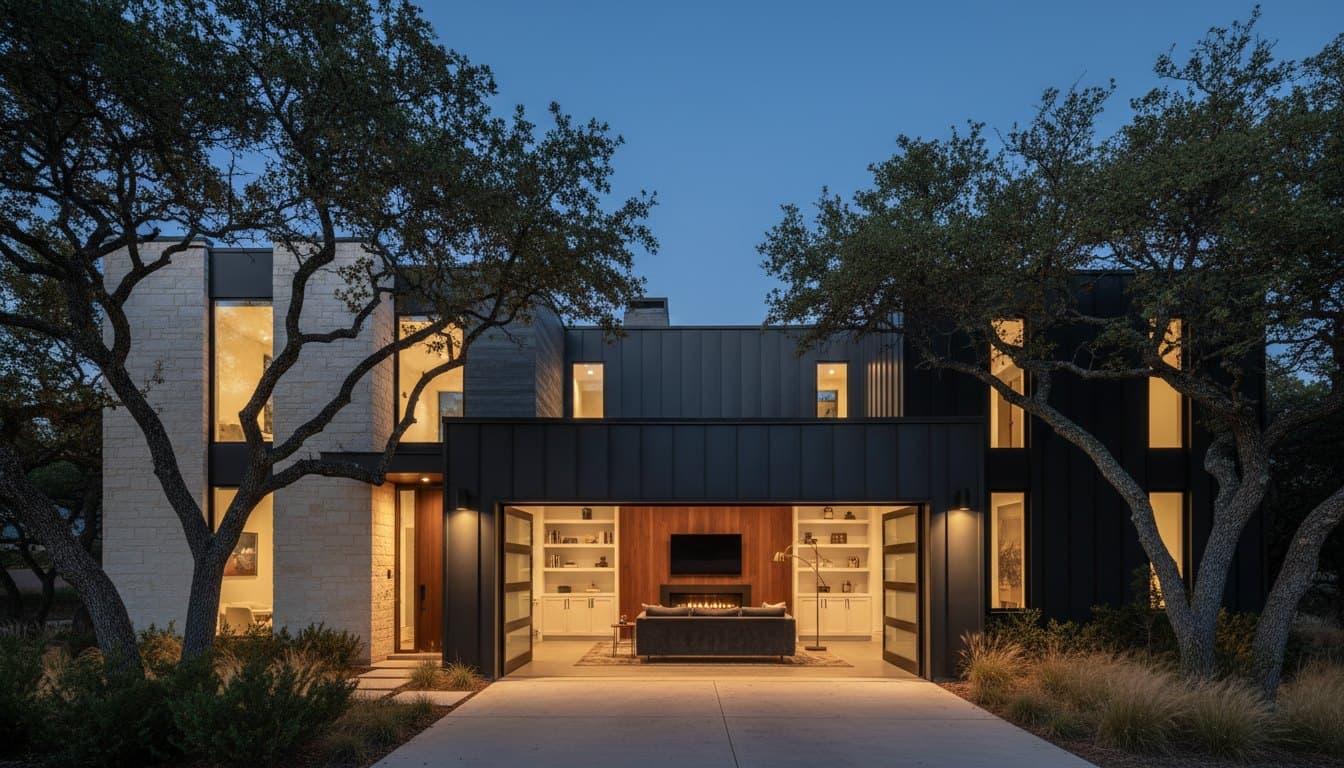 The glowing garage from the street