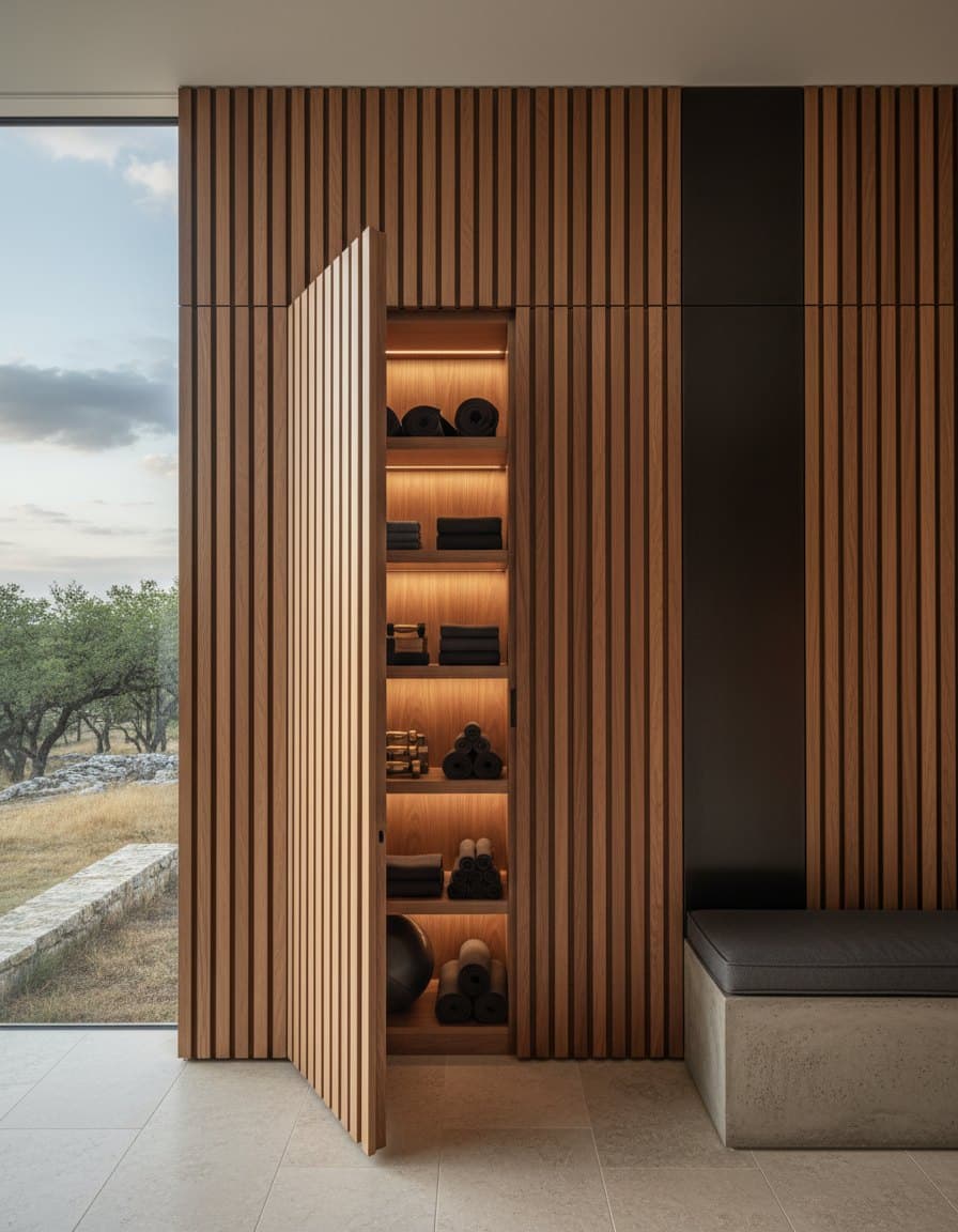 Hidden storage behind slats