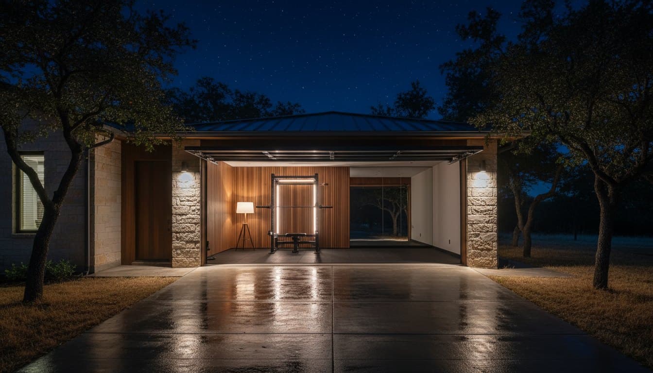 Converted garage gym with the door open at night