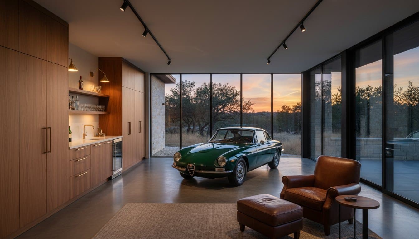 Car Lounge: gallery-lit garage with lounge seating