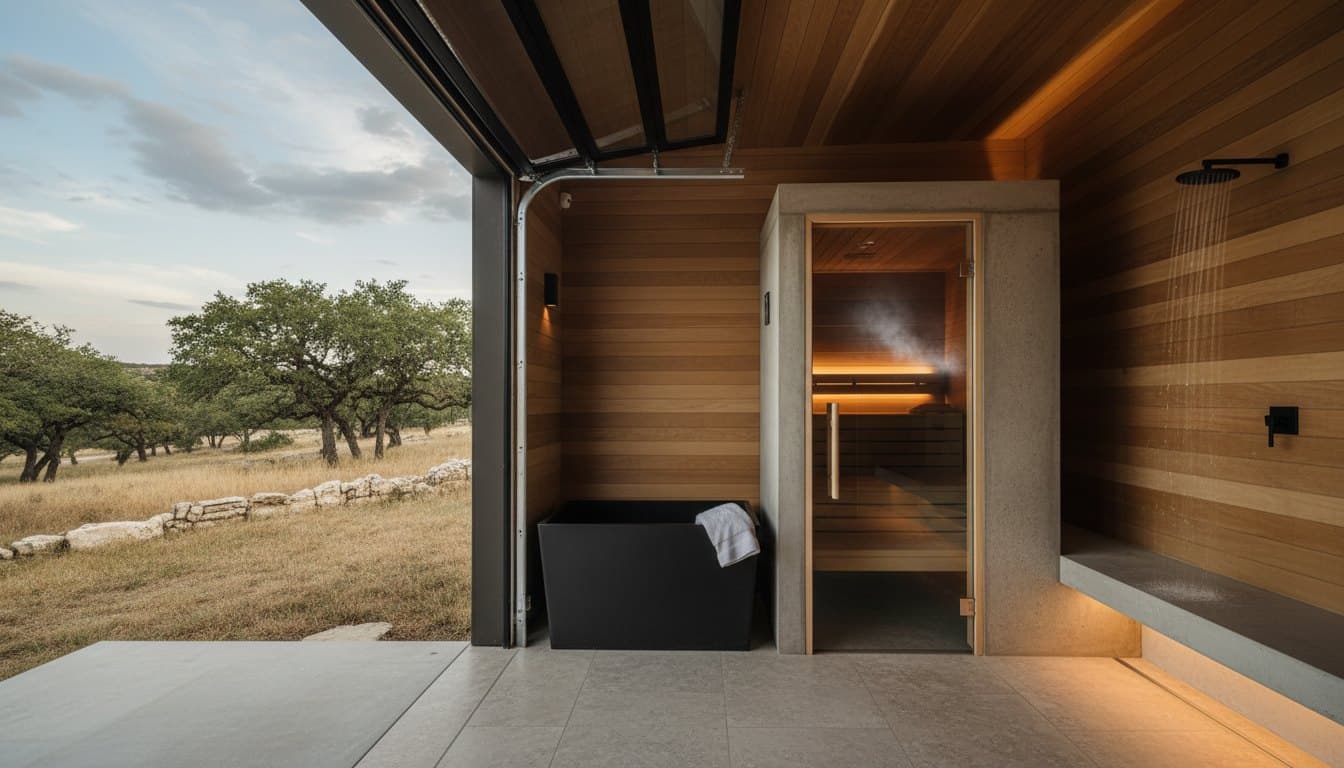 Recovery: sauna, cold plunge, and shower in a garage bay