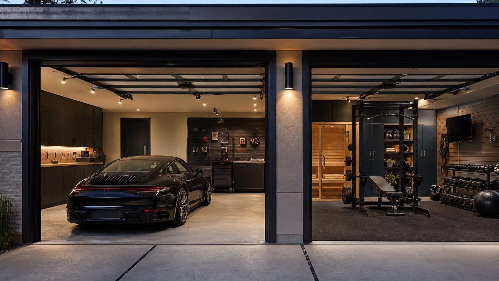 Finished modern garage bay used as a premium gym and car lounge